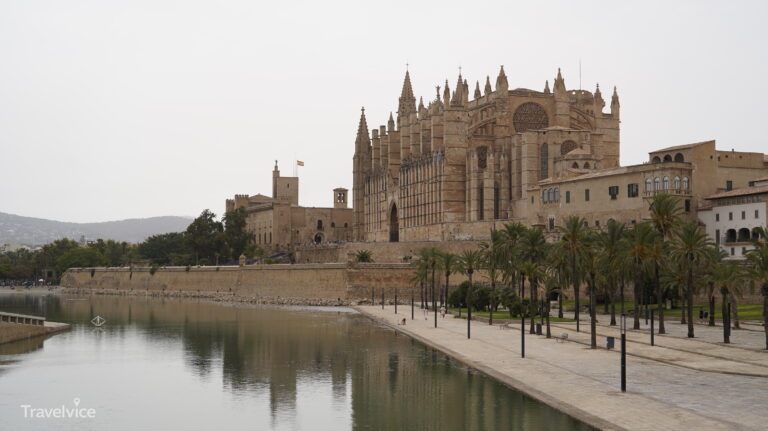 Kathedrale La Seu und Almudaina-Palast über dem Wasser des Parc de la Mar